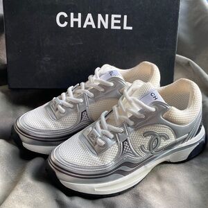 CHANEL Women's White and Silver Mesh Sneakers